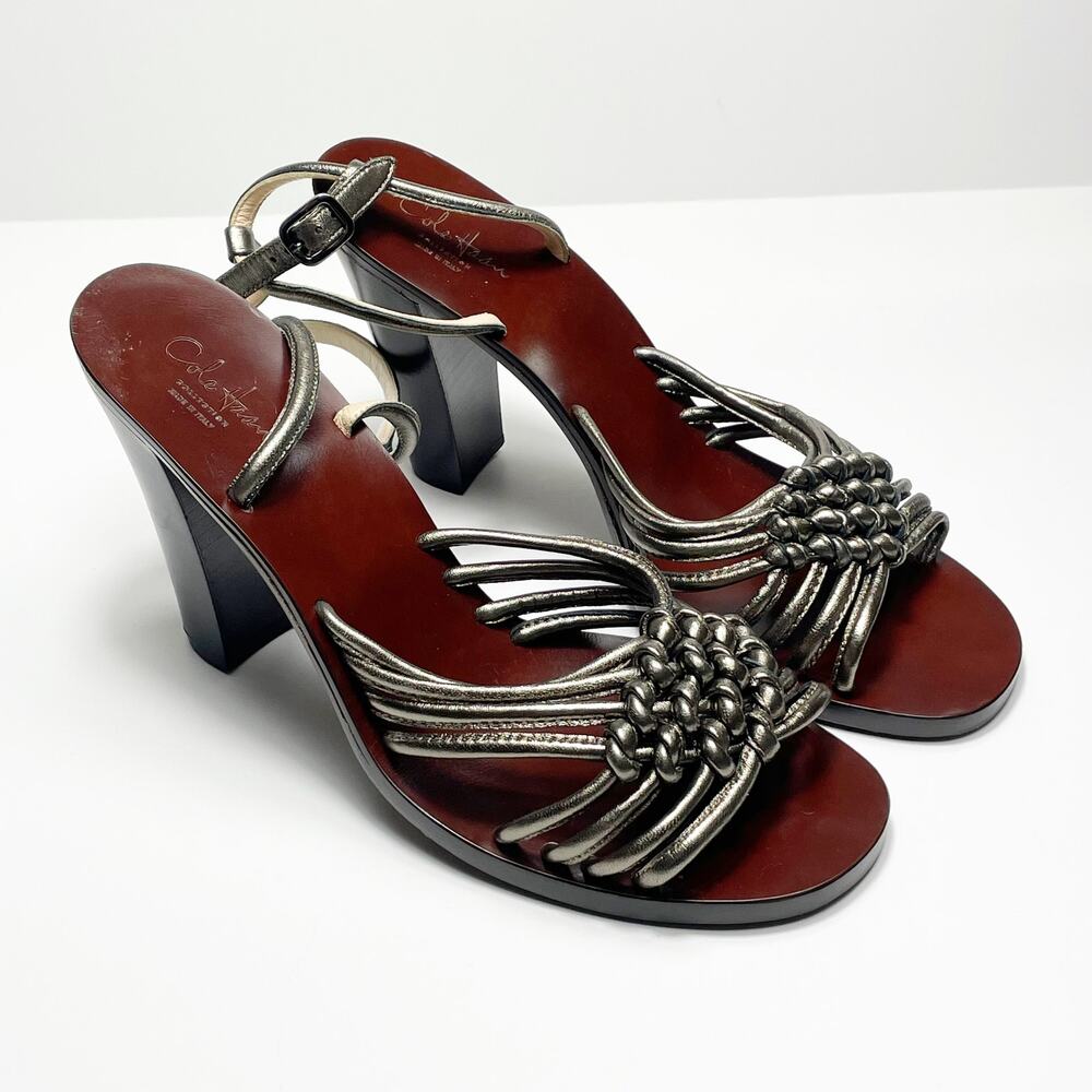 Cole Haan Collezioni Women's Wooden Heels RARE Block Heel Chrome Straps 9 1/2 B